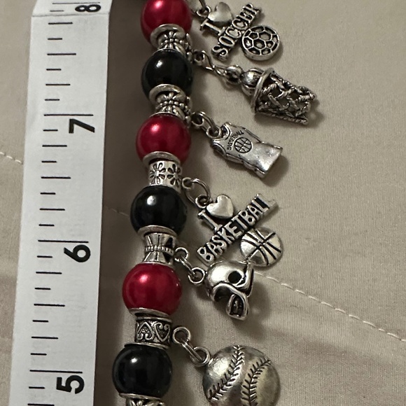 Handmade – NWOT – Sterling silver plated charm bracelet. Red/black beads sporty. - Picture 14 of 16
